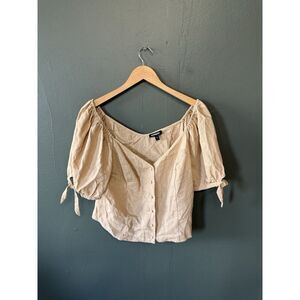 Express Womens Browns Cropped Linen Shirt Size Large Button Up